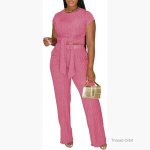 Large Ribbed Polyester Lounge Set Crop Top Wide Leg Pants Tracksuit